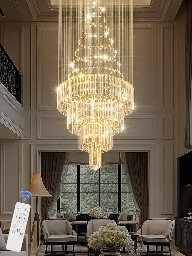 D32''X H100'' Large Crystal Chandelier Lighting, Modern LED Round Raindrop Flush Mount Ceiling Light Fixture for Hotel Staircase Hallway Modern Crystal Chandelier Suitable for Sloping Ceiling