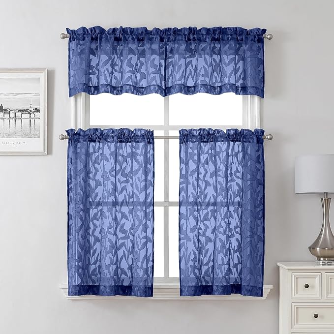 Lecloud Leia Dusty Blue Sheer Kitchen Curtains 24 Inch Length 2 Pcs, Jacquard - Image 3