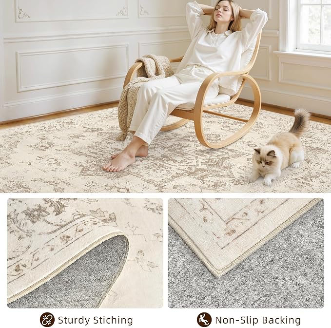 5x7 Area Rugs Living Room: Bedroom Washable Carpet Beige/Ivory | Vintage Boho - Image 4