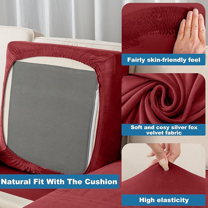 Couch Cover 6-Piece Elastic Velvet Couch Cushion Covers & Chaise Slipcovers - Image 4