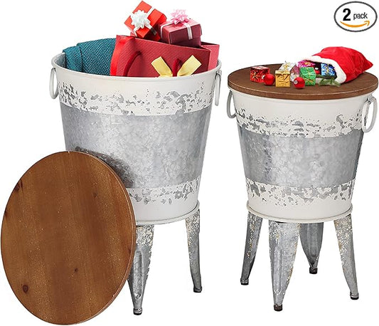 Rustic Storage Farmhouse Accent Side Table, Antique Galvanized Metal End Coffee Cocktail Table Box Bin with Round Wooden Lid Set of 2 (Distressed White)