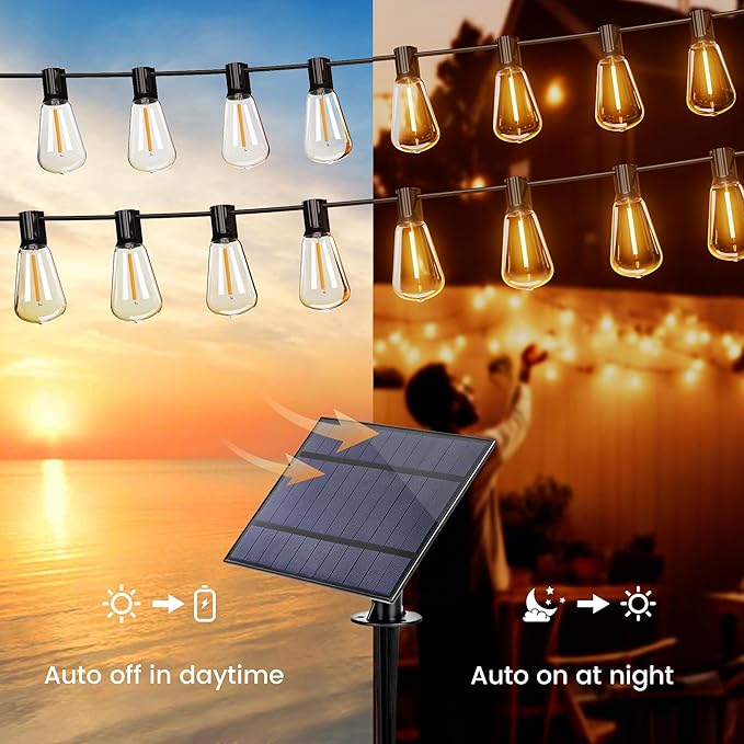 OHLUX 60FT Solar Globe String Lights Outdoor, Shatterproof Solar Patio Lights with Remote, 27 Dimmable ST38 LED Filament Bulbs, 2200K Soft Warm White Edison Hanging Light for Outside Canopy Deck