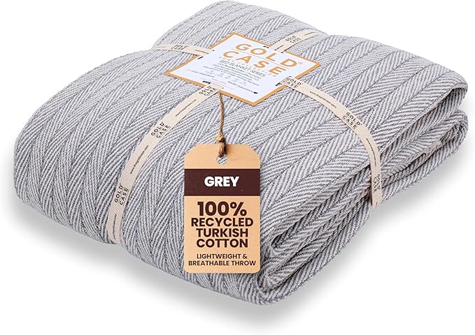Gold Case Throw Blanket for Bed – 100% Recycled Turkish Cotton Bed Blanket – Decorative Throw Cotton Blankets for Living Room & Bedroom – Woven Twin Blankets - 71x90 - Grey