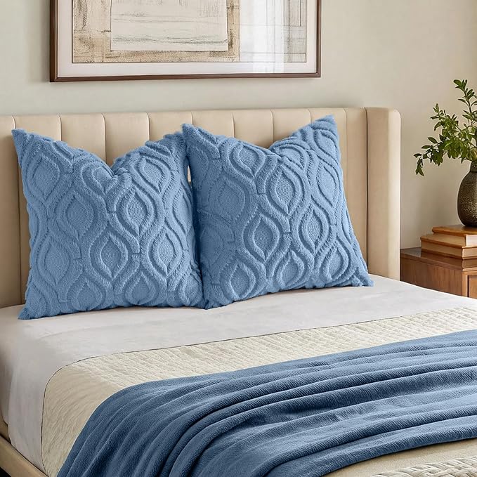 decorUhome Throw Pillow Covers 24x24 Inch Set of 2, Soft Plush Faux Wool Blue - Image 7