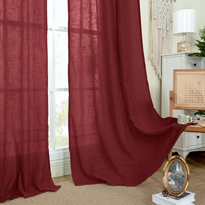 Burgundy Red Semi Sheer Window Linen Curtains 63 Inch Length | Light Filtering - Image 9
