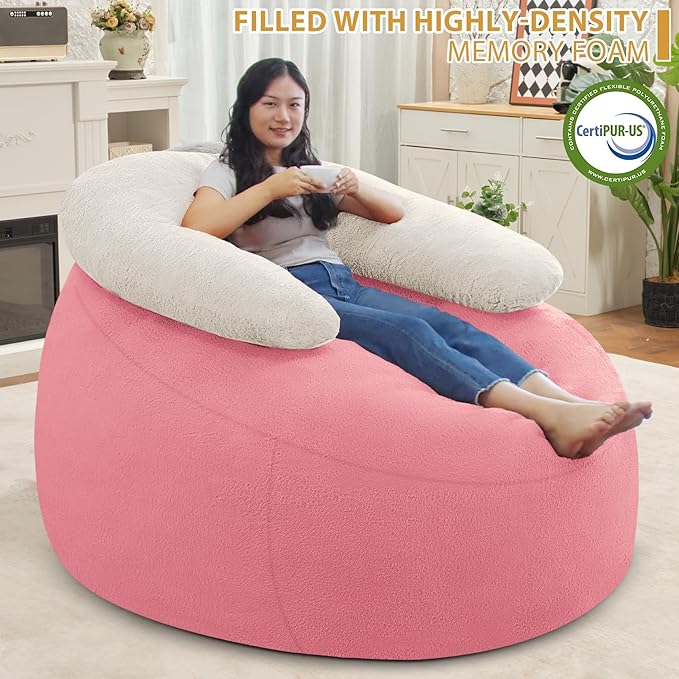 HABUTWAY Bean Bag Chair with U-Shaped Pillow for Adult and Kids Big BeanBag Chair with Filling Ultra Soft Teddy Fleece Couch Chair with Washable Cover for Living Room Bedroom Office, Beige-Light Pink