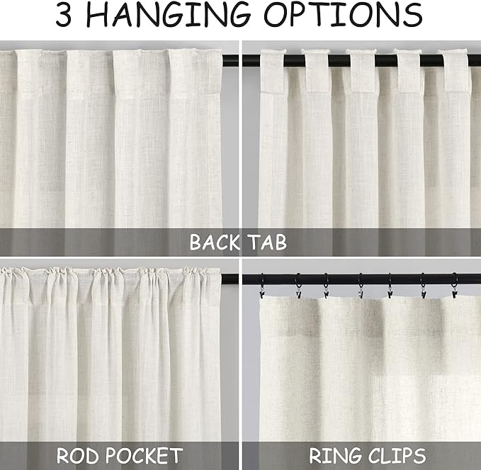 Cream White Linen Curtains 70 Inch Length 2 Panels Set - Image 3