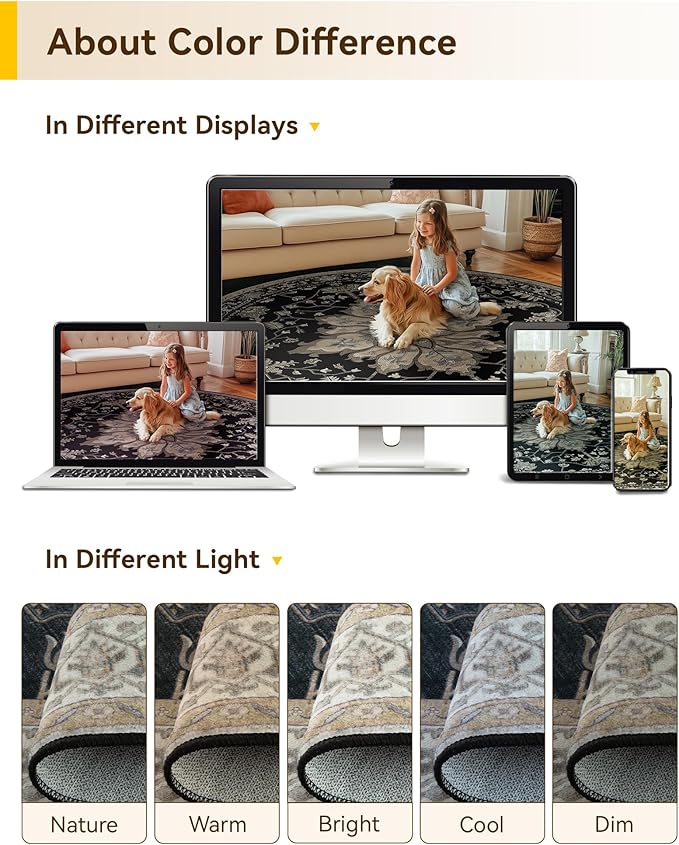 RELEANY Washable Area Rug, Round 4ft, Water Repellent, Pet Friendly, Vintage - Image 6