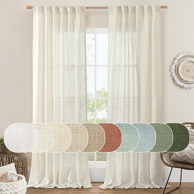 Linen Semi Sheer Curtains 96 inch Length 2 Panels Set Cream Ivory | Light by LAMIT