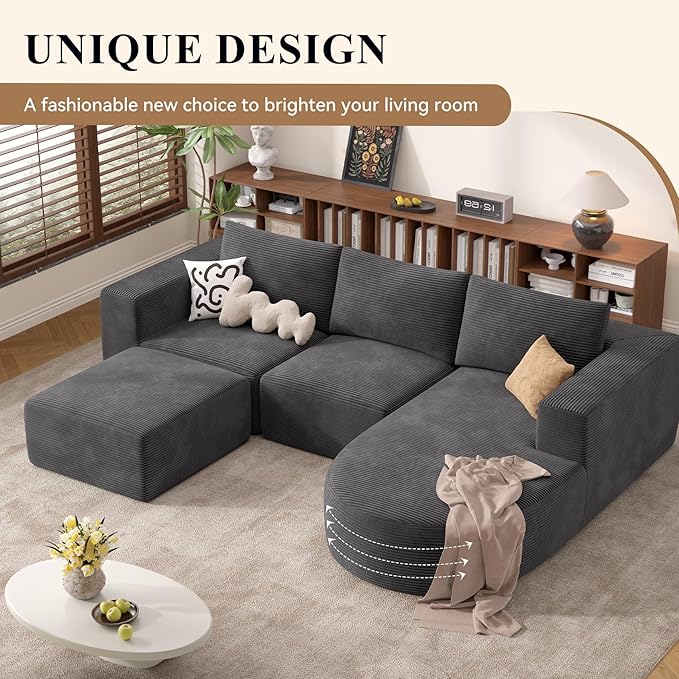 Modular Sectional Sofa with L-Shape Chaise,Cloud Sectional Modern Sleeper Couch with Deep Seat,Sponge Compression Sofas No Assembly Required (Dark Gray-Corduroy Fabric) 1pcs