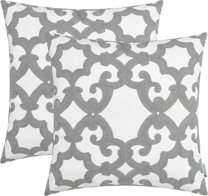HWY 50 Grey Gray Decorative Throw Pillow Covers 18x18 Inch, Pack of 2 Embroidered Cotton Farmhouse Cushion Cover Pillow Case for Sofa Couch Living Room Bed Bedroon, Geometric Design
