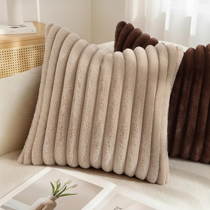 decorUhome Fall Faux Fur Throw Pillow Covers 22x22 Set of 2 Dark Brown | - Image 6