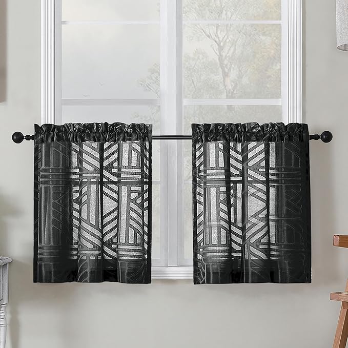 Simplebrand Sheer Black Kitchen Curtains 24 Inch Length Tier Curtains 2 Panels by Simplebrand