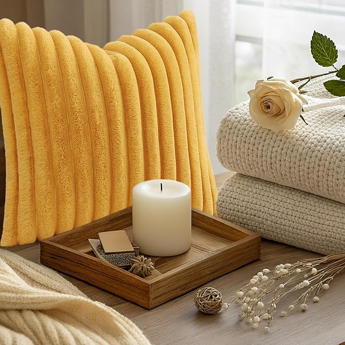 decorUhome Fall Faux Fur Throw Pillow Covers 18x18 Set of 2 Mustard Yellow | - Image 9