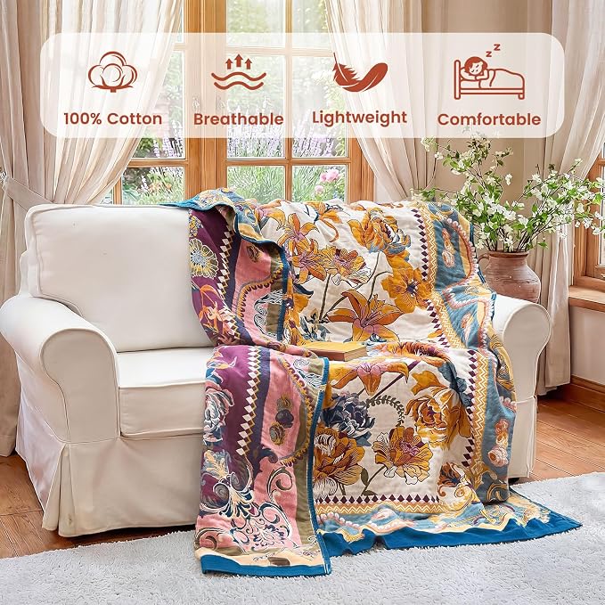 MSGKV Boho Throw Blanket 60"x80" Bed Floral 100% Cotton Blanket Spring - Image 2