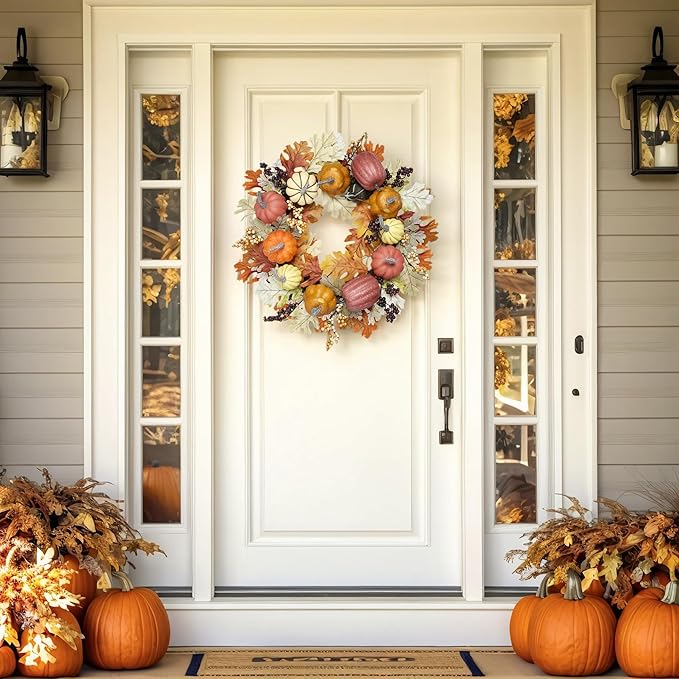 24 inch Fall Wreaths for Front Door Outside Autumn Wreath Fall Decorations for Home Decor Pumpkin Wreath for Farmhouse Holiday Thanksgiving Harvest Halloween Outdoor Indoors Fall Front Porch