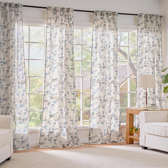 Lazzzy Blue Floral Linen Curtains 96 Inch Farmhouse Back Tab Drapes - Image 7