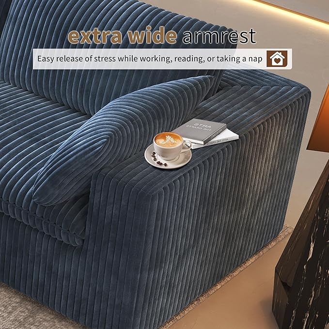 157.5" L Shaped Modern Sofa Modular Sectional Cloud Couch with Ottoman,Deep Seat Upholstered Couches with Corduroy Fabric for Living Room Furniture,Bedroom and Apartment,No Assembly Required,Blue