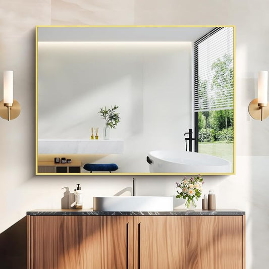36x48inch Bathroom Mirror, Gold Rectangle Mirror with Thin Metal Frame, Large Rectangular Wall Mirrors for Bathroom, Living Room, Hair Salon, Big Farmhouse Mirror Hang Horizontal/Vertical