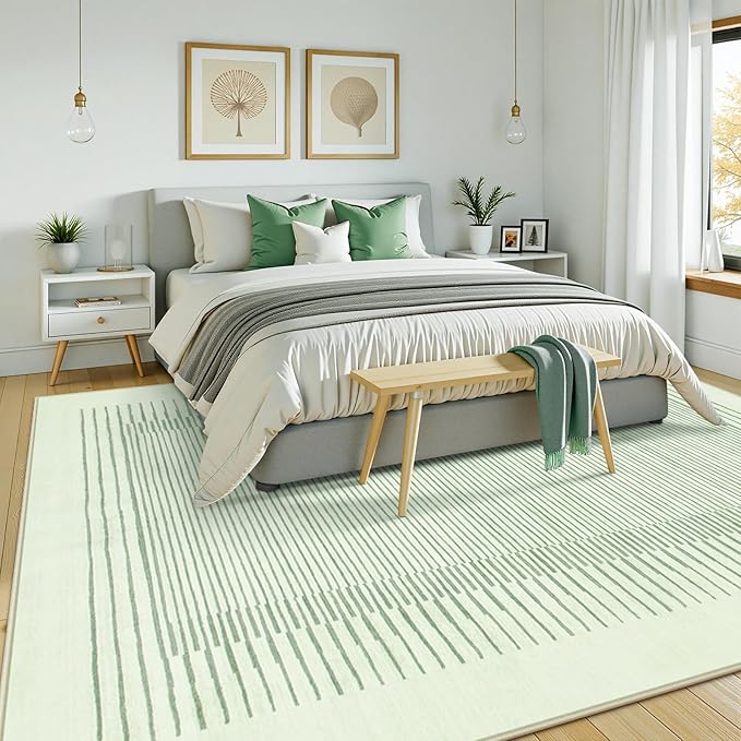 Wonnitar Washable Striped 5x7 Living Room Area Rug, Non-Slip Green Berber Stripe Rugs for Bedroom, Low Pile Soft Minimalist Floor Carpets for Kids Nursery Room Dining Room (Green,5' x 7')