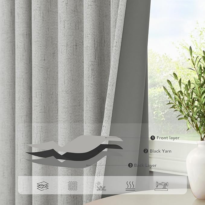Pitalk 54 Inch Curtains 2 Panel Set 100% Blackout Linen Textured Room Darkening - Image 5