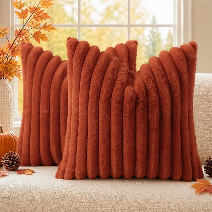decorUhome Fall Faux Fur Throw Pillow Covers 24x24 Set of 2 Rust | Decorative by decorUhome