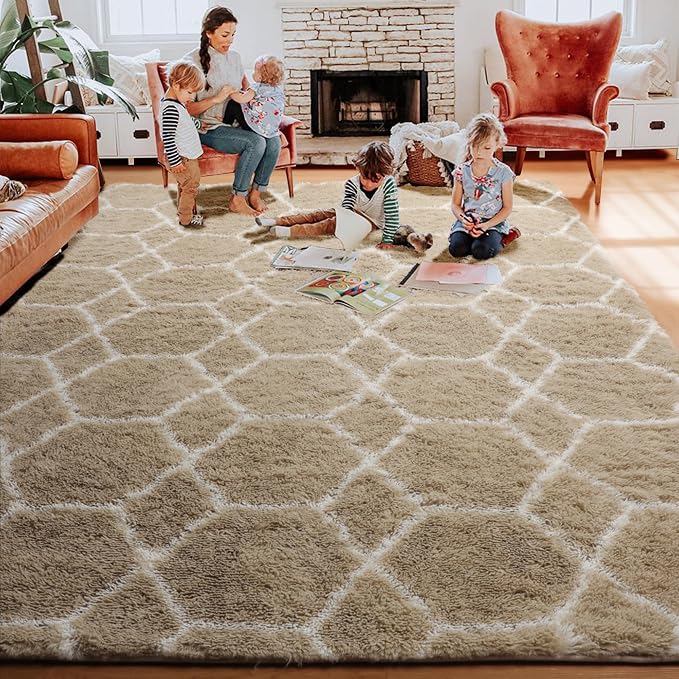 Area Rugs for Living Room, 7x10 Fluffy Beige and White Modern Bedroom Rug | - Image 8