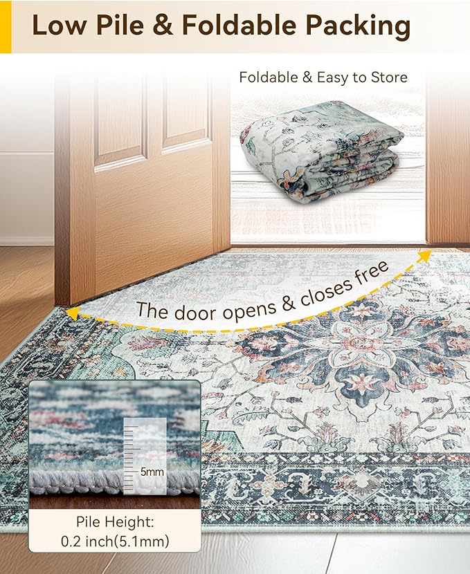 RELEANY Washable Area Rug, Runner 2'x8', Teal Green/White/Navy | Non-Slip - Image 7