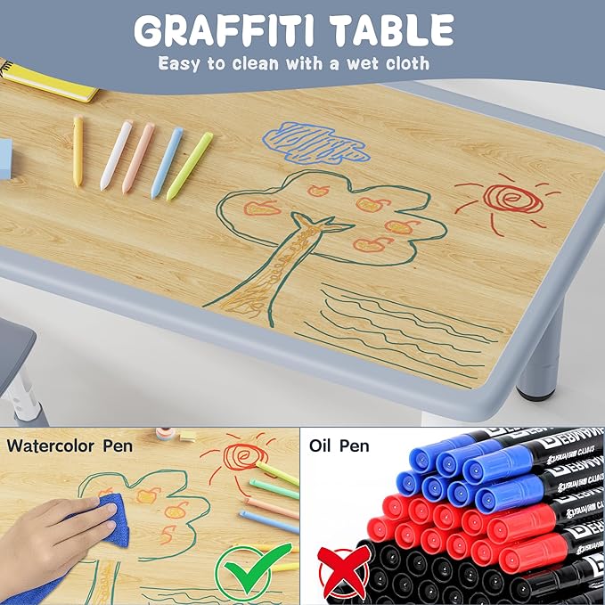 Brelley Kids Table and 4 Chairs Set, Height Adjustable Toddler Desk and Chair Set, Graffiti Desktop, Non-Slip Legs, Max 300lbs, Children Multi-Activity Table for Ages 2-8