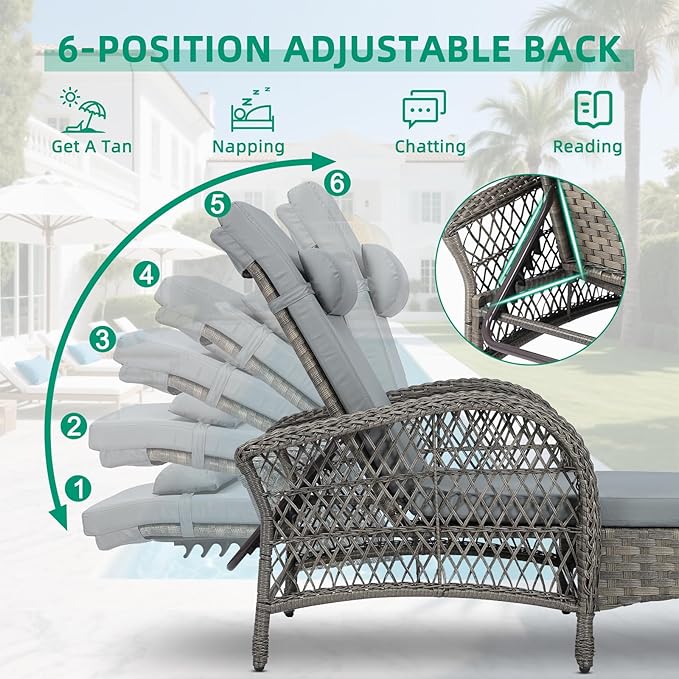 VIVIJASON Outdoor Wicker Chaise Lounge Chair, All-Weather PE Rattan Cushioned Patio Lounger Set with Side Table, 6-Position Adjustable Outside Pool Sunbathing Recliner with Armrest & Pillow, Gray