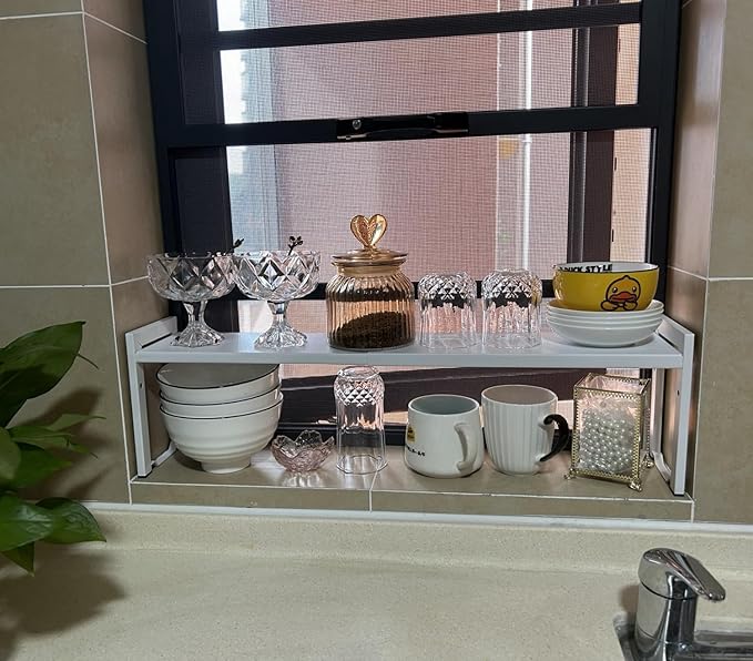 Expandable Cabinet Shelf Organizer 16-26" L Stackable Kitchen Counter Shelf Rack Stand Sink Riser Countertop Storage White (Narrow 5.1”D)