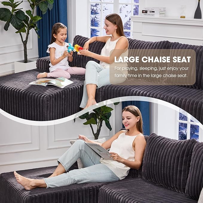 Hobestluk 96“ Modular Sectional Sofa Couches L-Shape Couch 3 Seat Modular Sofa Memory Foam Sectional Couches for Living Room, Cloud Couch with Oversized Chaise (Grey, Stripe (Left Facing Chaise))