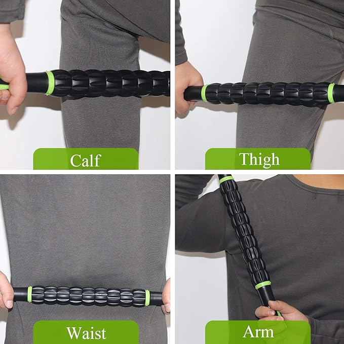 Muscle Roller Massage Roller Stick for Athletes, Help Reducing Muscle Soreness Cramping Tightness Leg Arms Back Calves Muscle Massager（Green - Black- 18 inch）