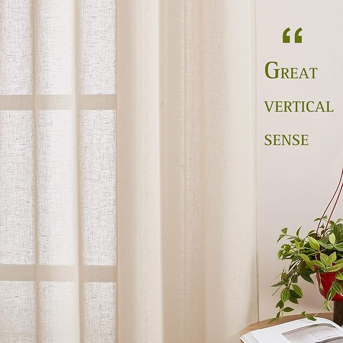 NICETOWN 90 inch Beige Curtains Linen Sheer Faux Flax Window Drapes, Grommet - Image 7