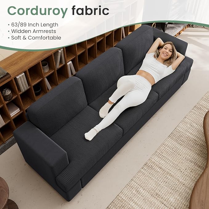 2 Pieces Corduroy Couch Set for Living Room, Black Cloud Sofa, Deep Seat Floor Couch for Bedroom, Futon Modern Sofa Sectional Bed, Black Corduroy
