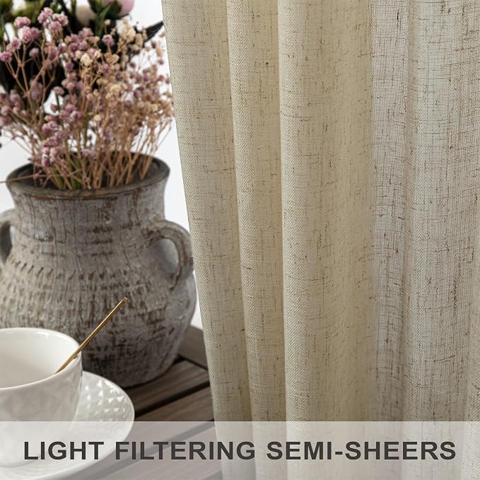 Modern Farmhouse Linen Curtains 80 Inches Long 2 Panel Set Taupe Semi Sheer - Image 4