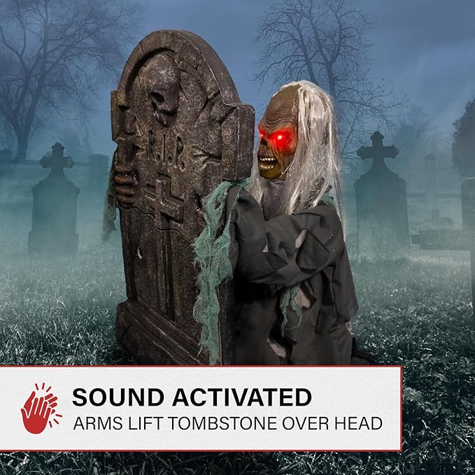 Haunted Hill Farm Tombstone Lifter by Tekky, Battery-Operated, Sound Activated Animatronic Zombie with Sound Effects and Lights for Indoor or Covered Outdoor Creepy Halloween Decoration