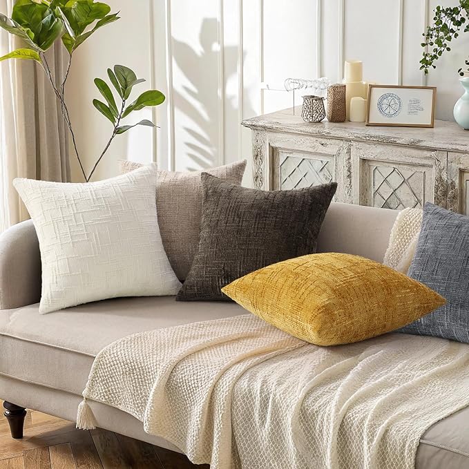decorUhome Summer Mustard Yellow Chenille Euro Sham Throw Pillow Covers 24x24 - Image 5