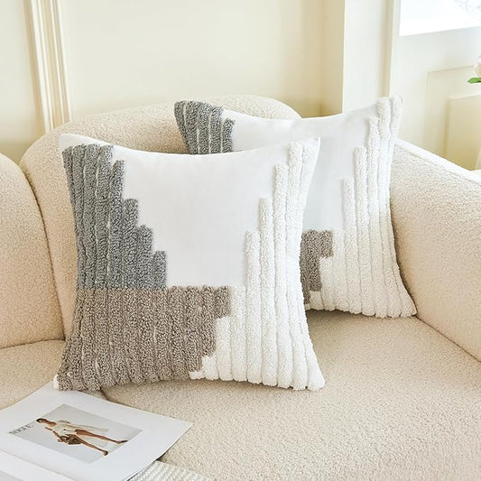 HOdo Home 18x18 Throw Pillow Covers, 2PCS Tufted Boho Jacquard Pillow Covers,Farmhouse Decorative Pillow Cover,Pillow Cases for Couch Sofa Bed Stylish Decor, Simple Textured Cushion Sham