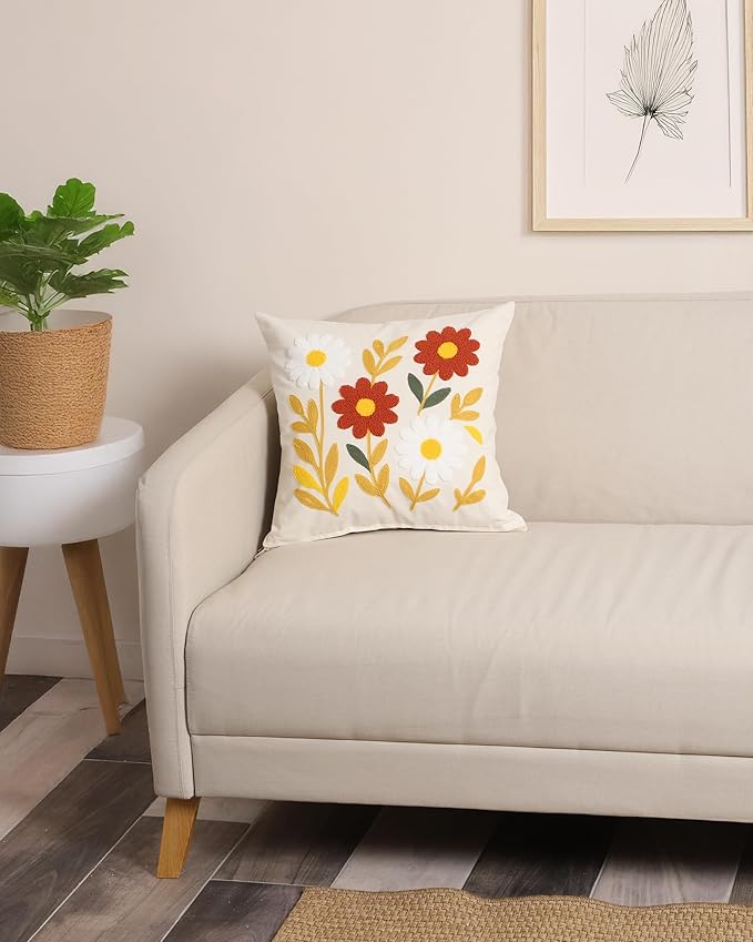 Throw Pillow Cover with Sunflower Embroidery – 18x18 inch Handmade Punch Needle Cushion – 100% Cotton Decorative Pillow for Couch, Bed or Living Room – Boho Floral Home Decor