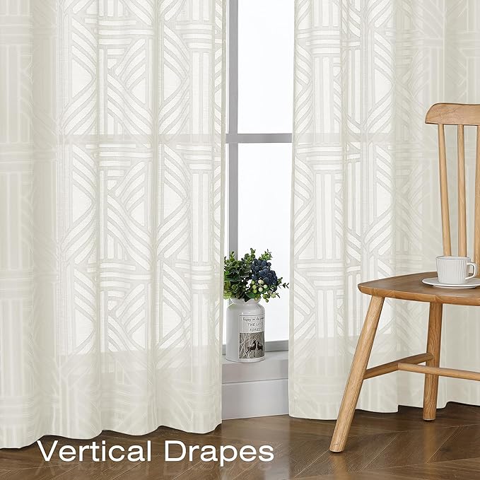 Simplebrand Ivory Semi Sheer Curtains 54 Inch Length 2 Panels, Geometric - Image 5