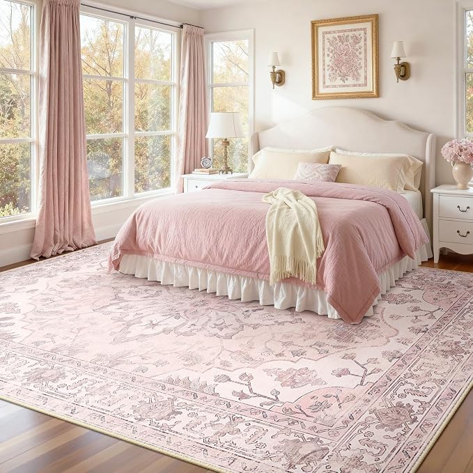 Area Rugs 8'x10' Washable Non-Slip, Floral Vintage Distress Print Pattern by RELEANY