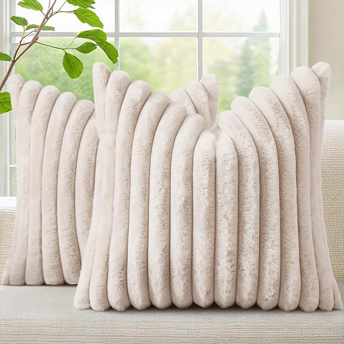 decorUhome Fall Faux Fur Throw Pillow Covers 26x26 Set of 2 Beige | Decorative by decorUhome