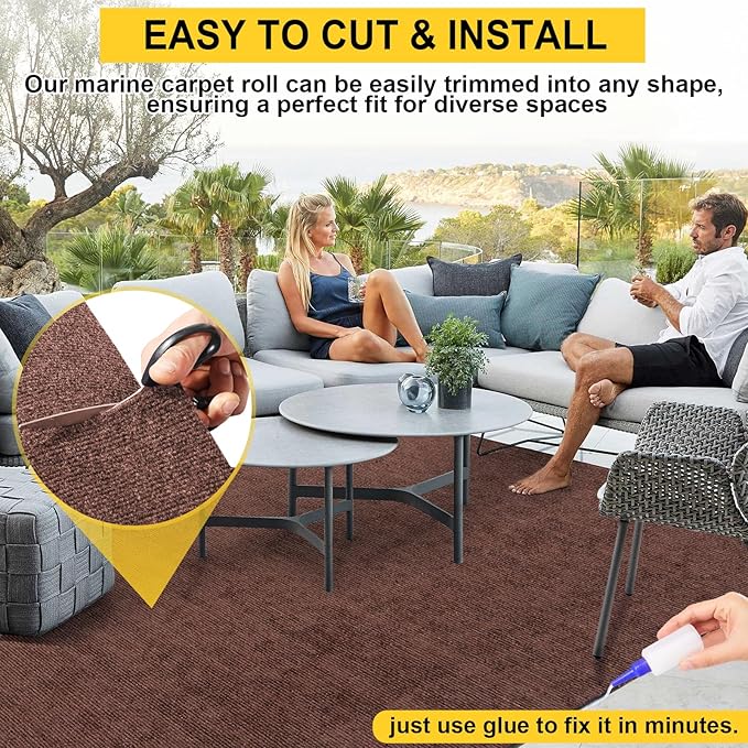 Marine Carpet, 6 FT x 10 FT Brown Indoor Outdoor Surface 0.2" Thick Boat Carpet with Water-Proof TPE Backing, Non-Slip Marine Rug for Home, Patio, Porch, Deck
