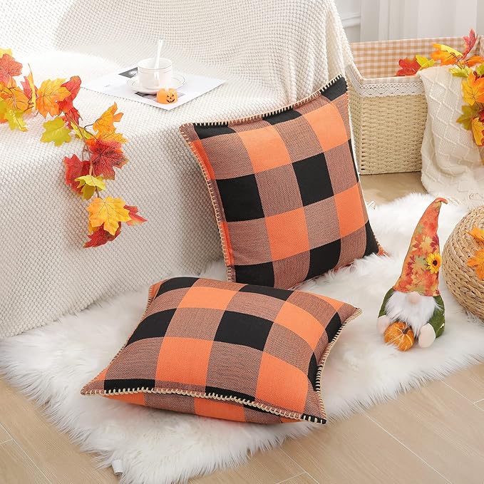 decorUhome Fall Orange and Black Decorative Throw Pillow Covers 18x18 Set of 2, Buffalo Plaid Check Farmhouse Cushion Covers with Stitched Edge for Autumn Harvest Couch Sofa Bed Home Decor