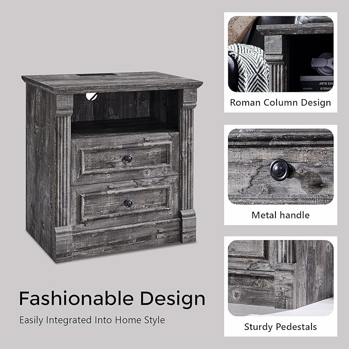26" Tall Farmhouse Nightstand, 2 Drawers End Table w/Charging Station, 23.6" Wide Large Side Table w/Roman Column, Wood Rustic Sofa Table w/Open Shelf, Bedside Table for Bedroom, Light Gray