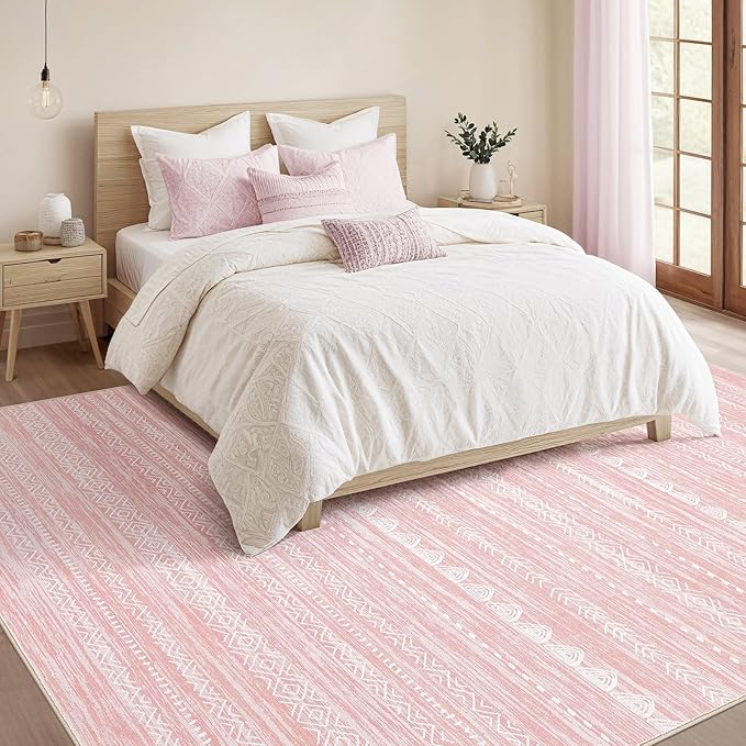 Nakagishi Pink Rugs for Bedroom Girls: 5x7 Washable Boho Large Neutral Area Rug - Image 4