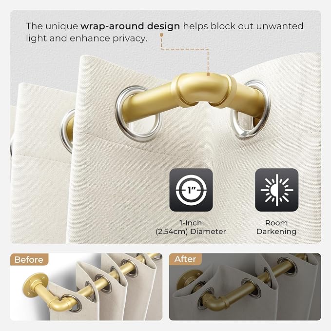 Zeerobee Curtain Rods for Windows 66 to 120, 1 Inch Industrial Wrap Around Gold - Image 3