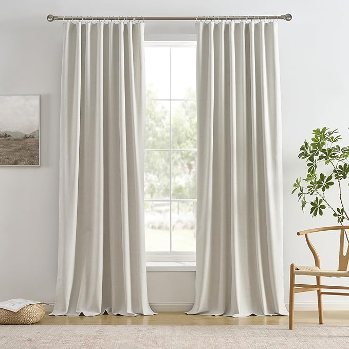 2 PCs Extra Wide Linen Blackout Curtains 100 Inches Long,Back Tab Pleaetd Drapes with Hooks Track System Curtain Panels Room Divider Curtains for Patio Sliding Door Living Room 70 x 100 Natural Birch