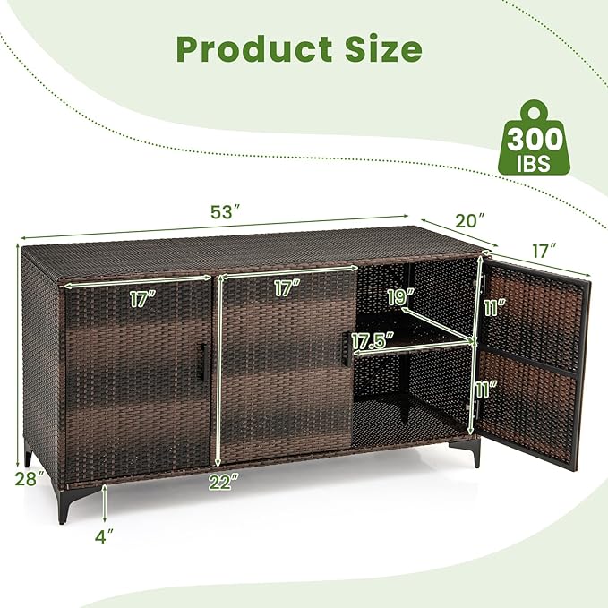 RELAX4LIFE 84-Gallon Outdoor Storage Box - Wicker Rattan 3-Door Patio Storage Cabinet Container w/Removable Shelves for Cushions, Garden Tools, Pool & Sports Equipment, Indoor Outdoor Deck Box (Brown)